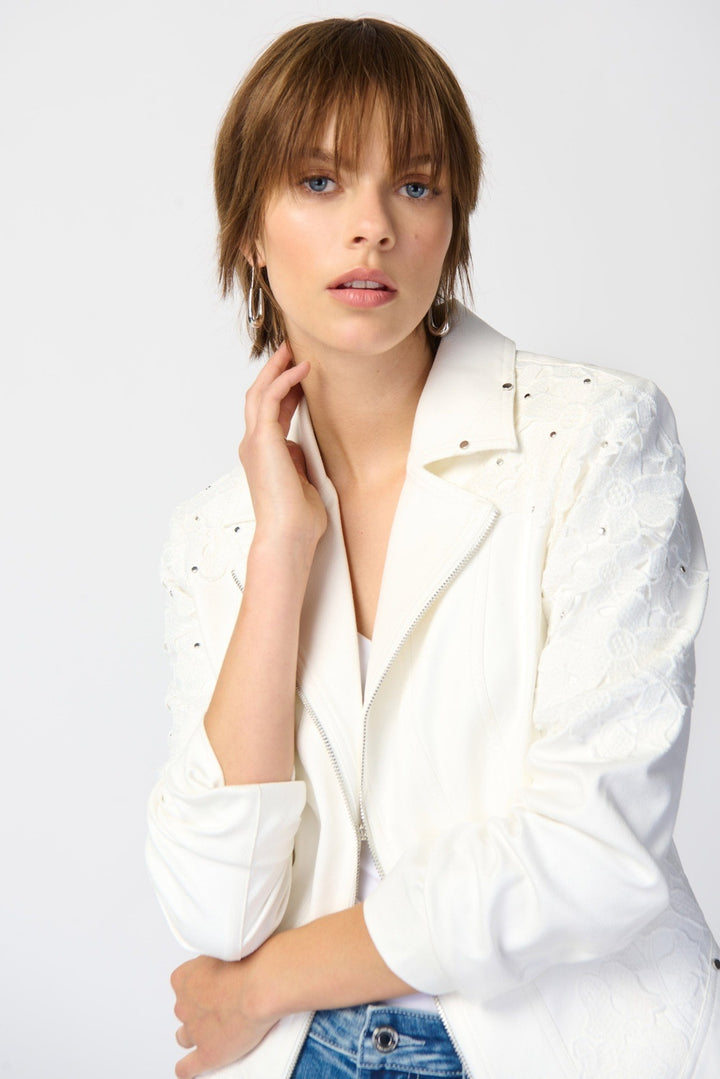 Joseph Ribkoff - Women - Studded Foiled Suede Jacket with Floral Appliqué