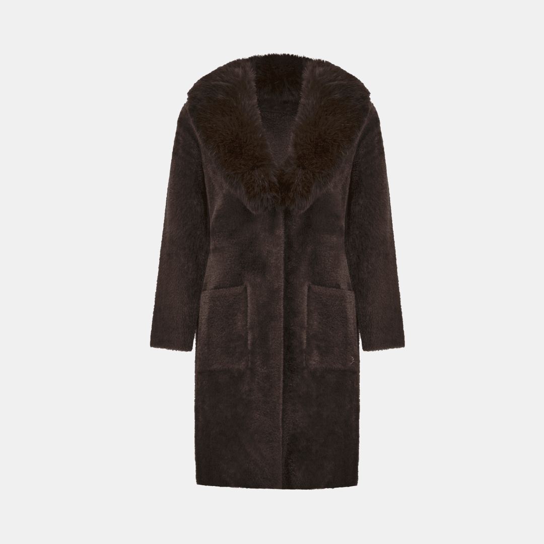 Joseph Ribkoff- Feather Yarn Knit Coat With Detachable Faux Fur Collar