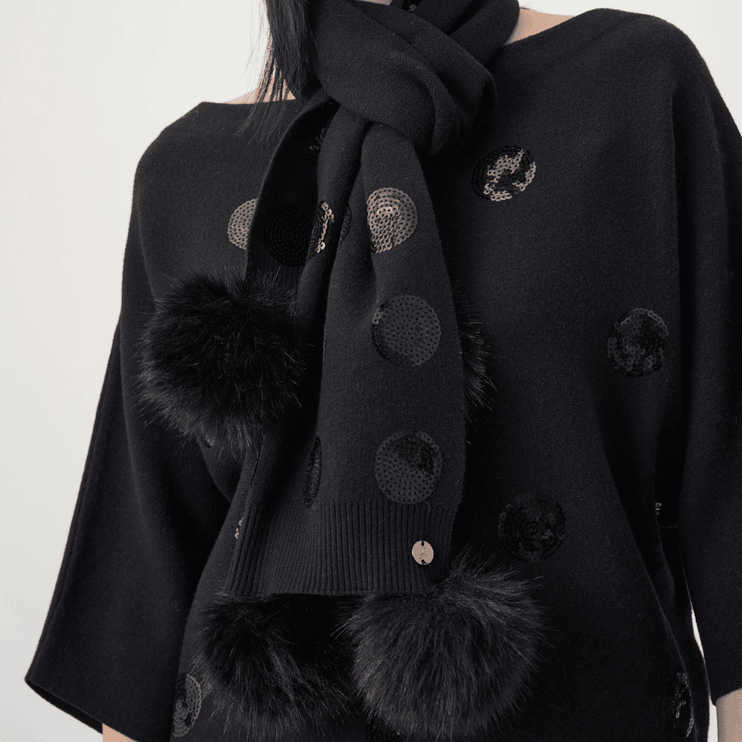 Joseph Ribkoff- Knit Scarf With Pompoms And Sequins