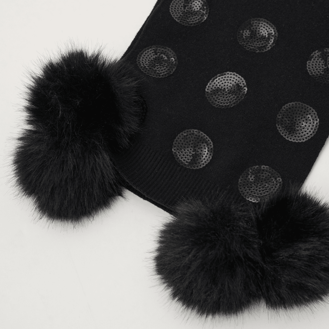 Joseph Ribkoff- Knit Scarf With Pompoms And Sequins