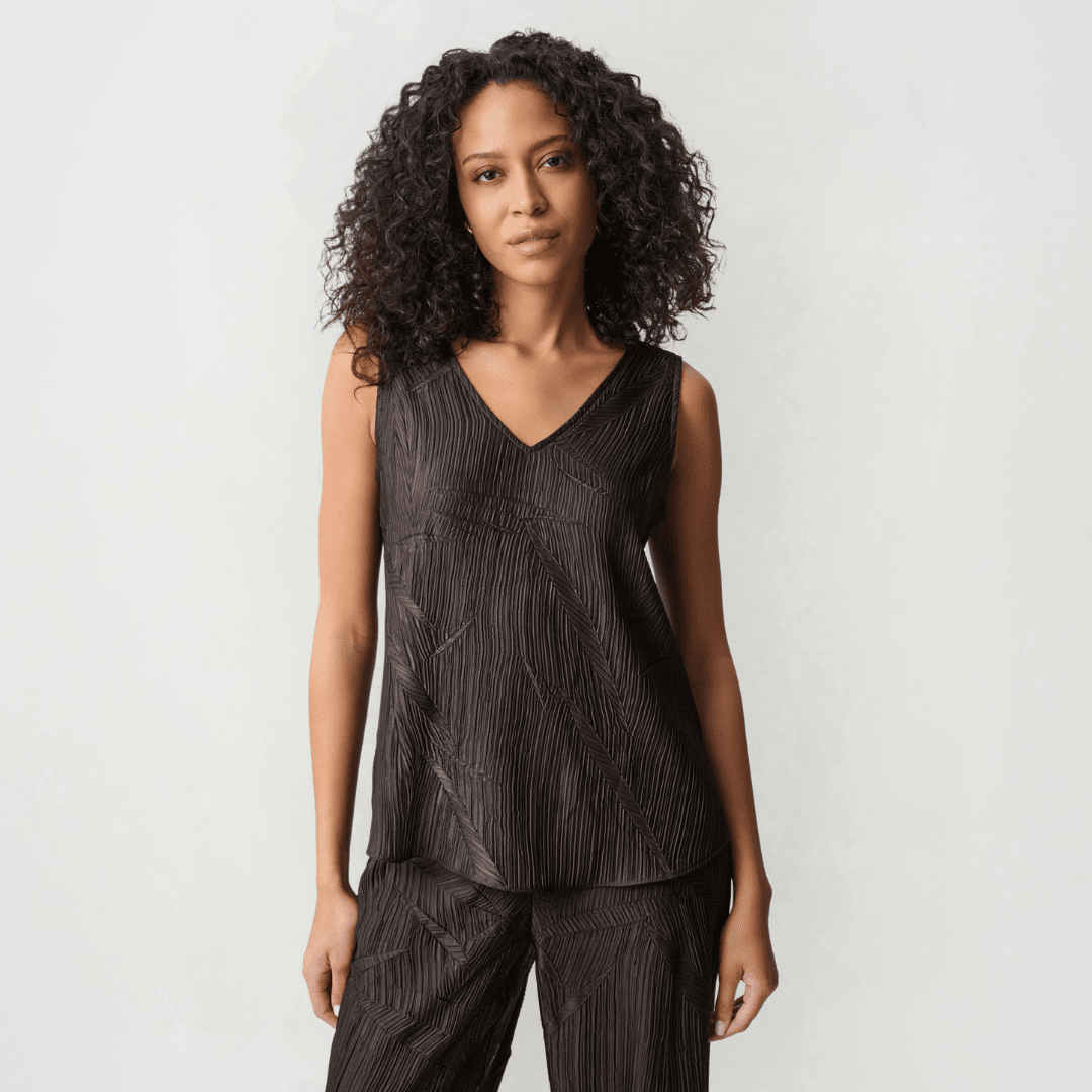Joseph Ribkoff- Pleated Satin Flared V-Neck Top