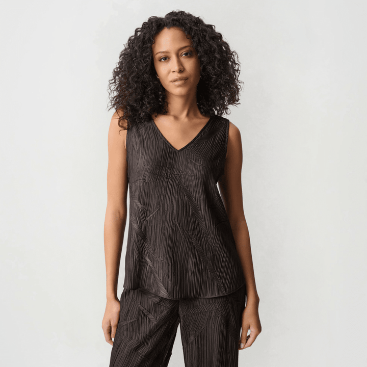 Joseph Ribkoff- Pleated Satin Flared V-Neck Top