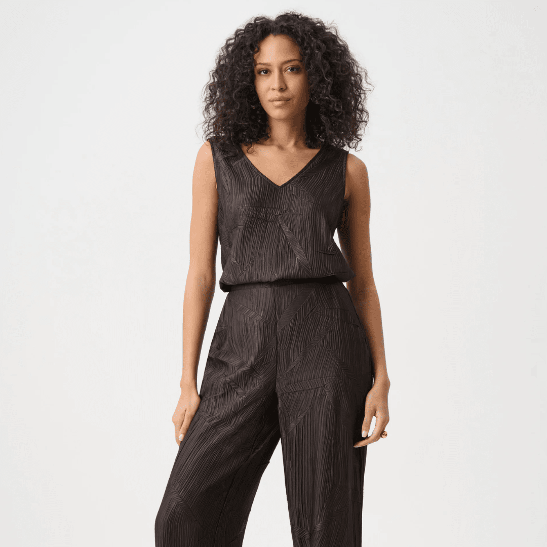 Joseph Ribkoff- Pleated Satin Flared V-Neck Top