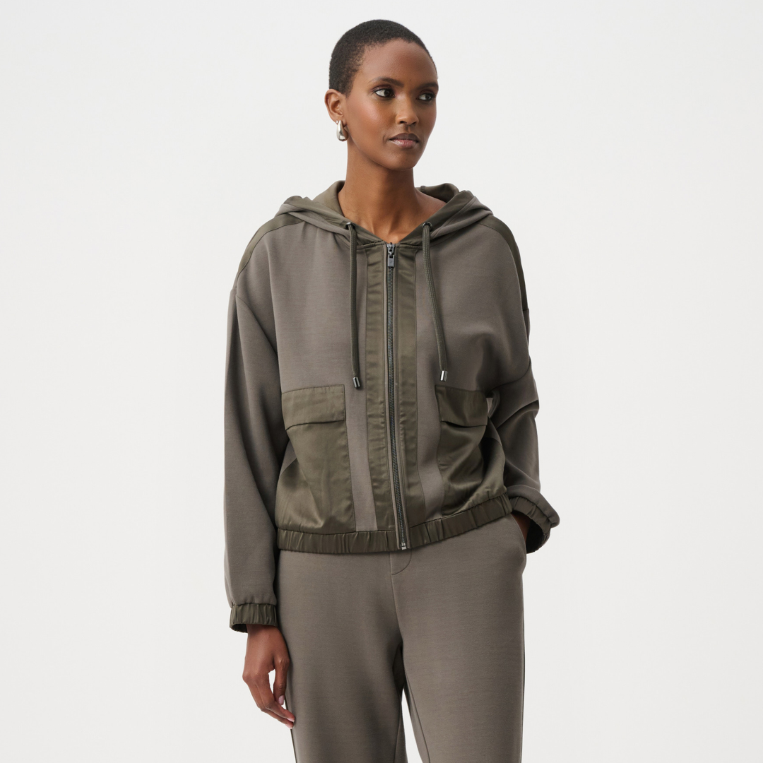 Joseph Ribkoff- Scuba Jersey And Satin Hooded Boxy Jacket