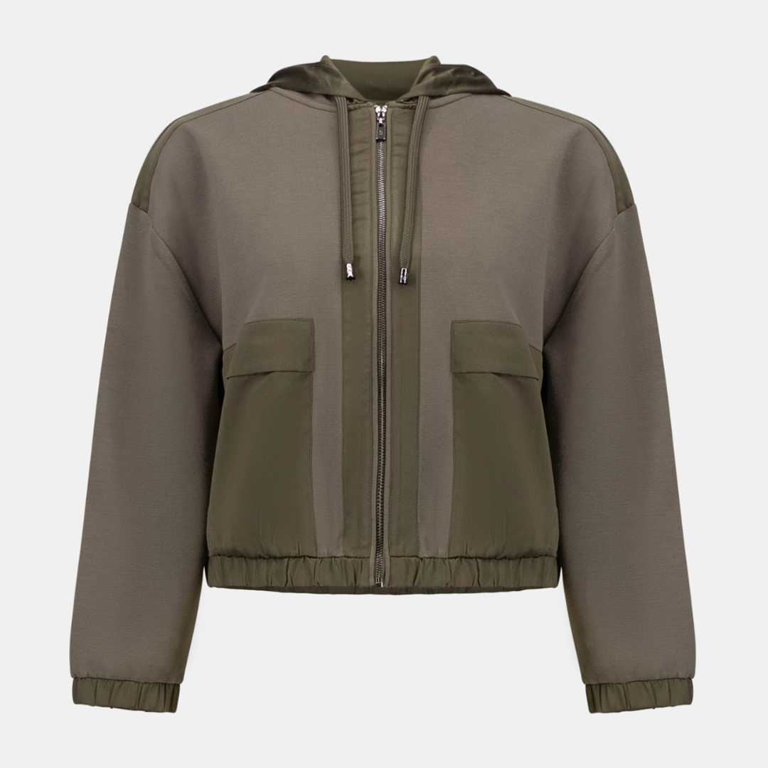 Joseph Ribkoff- Scuba Jersey And Satin Hooded Boxy Jacket