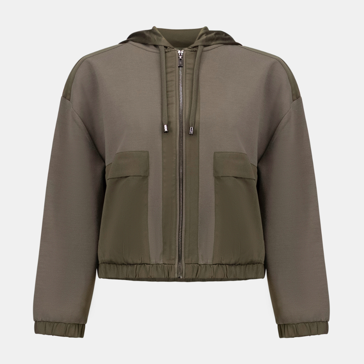 Joseph Ribkoff- Scuba Jersey And Satin Hooded Boxy Jacket