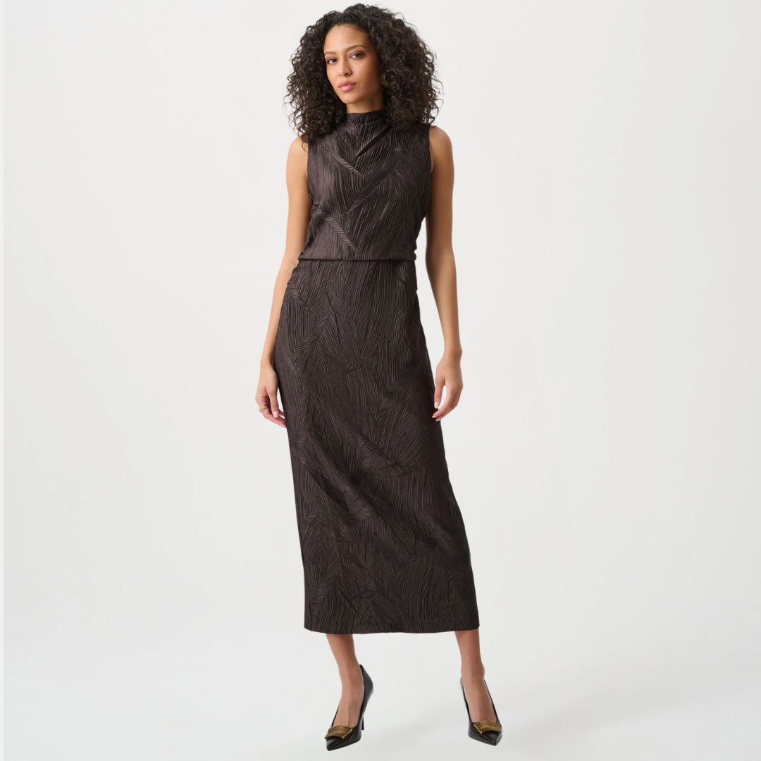Joseph Ribkoff- Pleated Satin Sleeveless Midi Dress