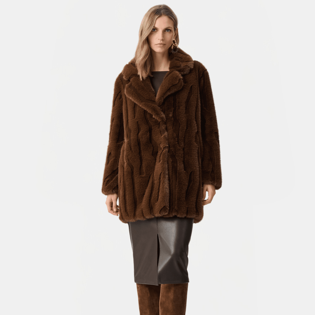 Joseph Ribkoff- Textured Faux Fur Notch Collar Coat