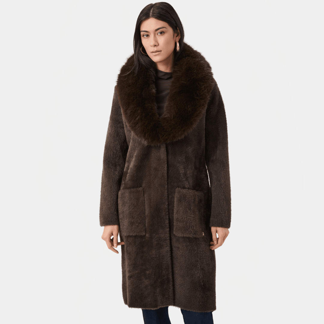 Joseph Ribkoff- Feather Yarn Knit Coat With Detachable Faux Fur Collar