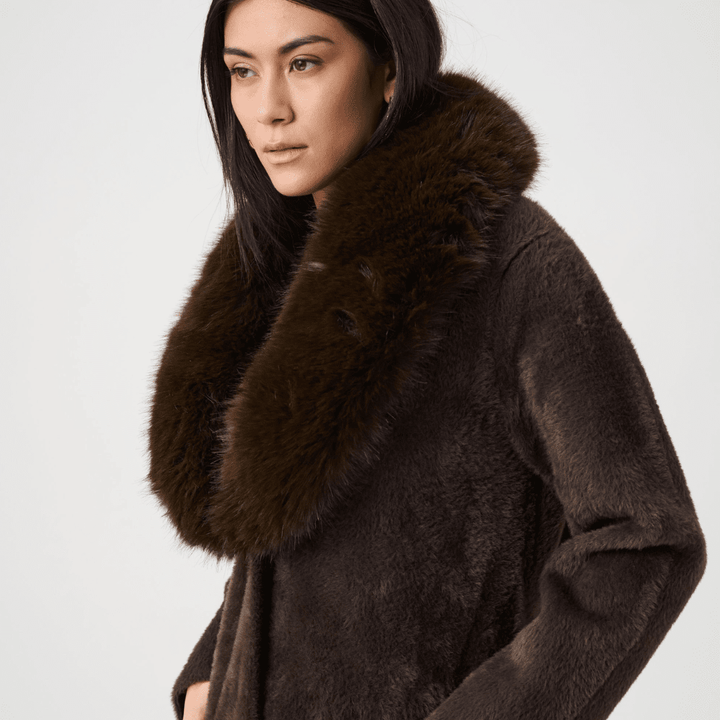 Joseph Ribkoff- Feather Yarn Knit Coat With Detachable Faux Fur Collar