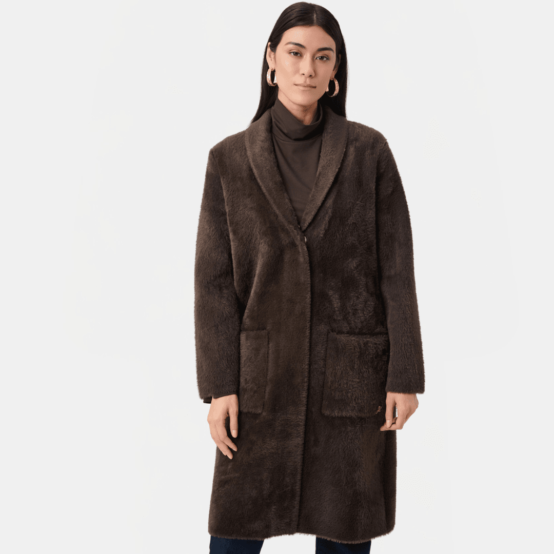 Joseph Ribkoff- Feather Yarn Knit Coat With Detachable Faux Fur Collar