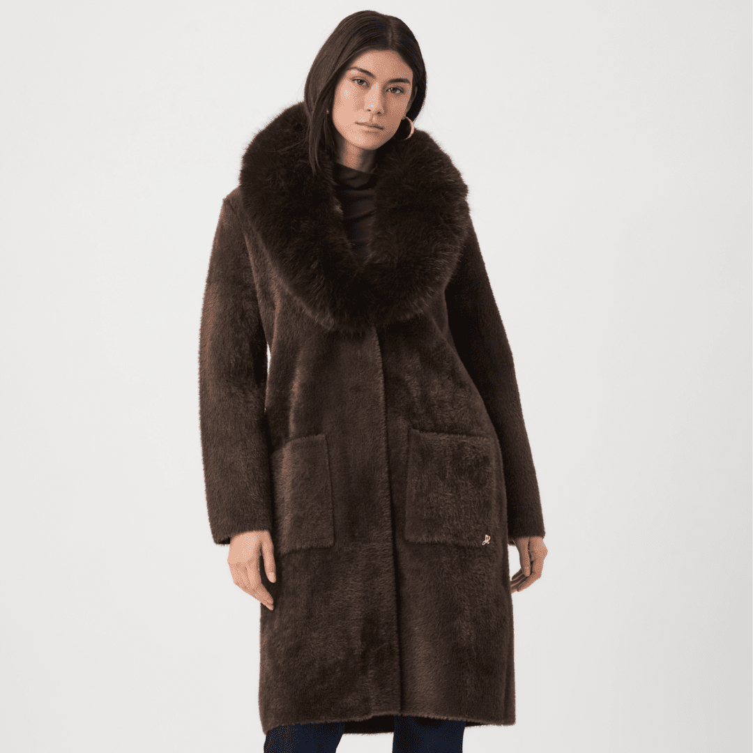 Joseph Ribkoff- Feather Yarn Knit Coat With Detachable Faux Fur Collar