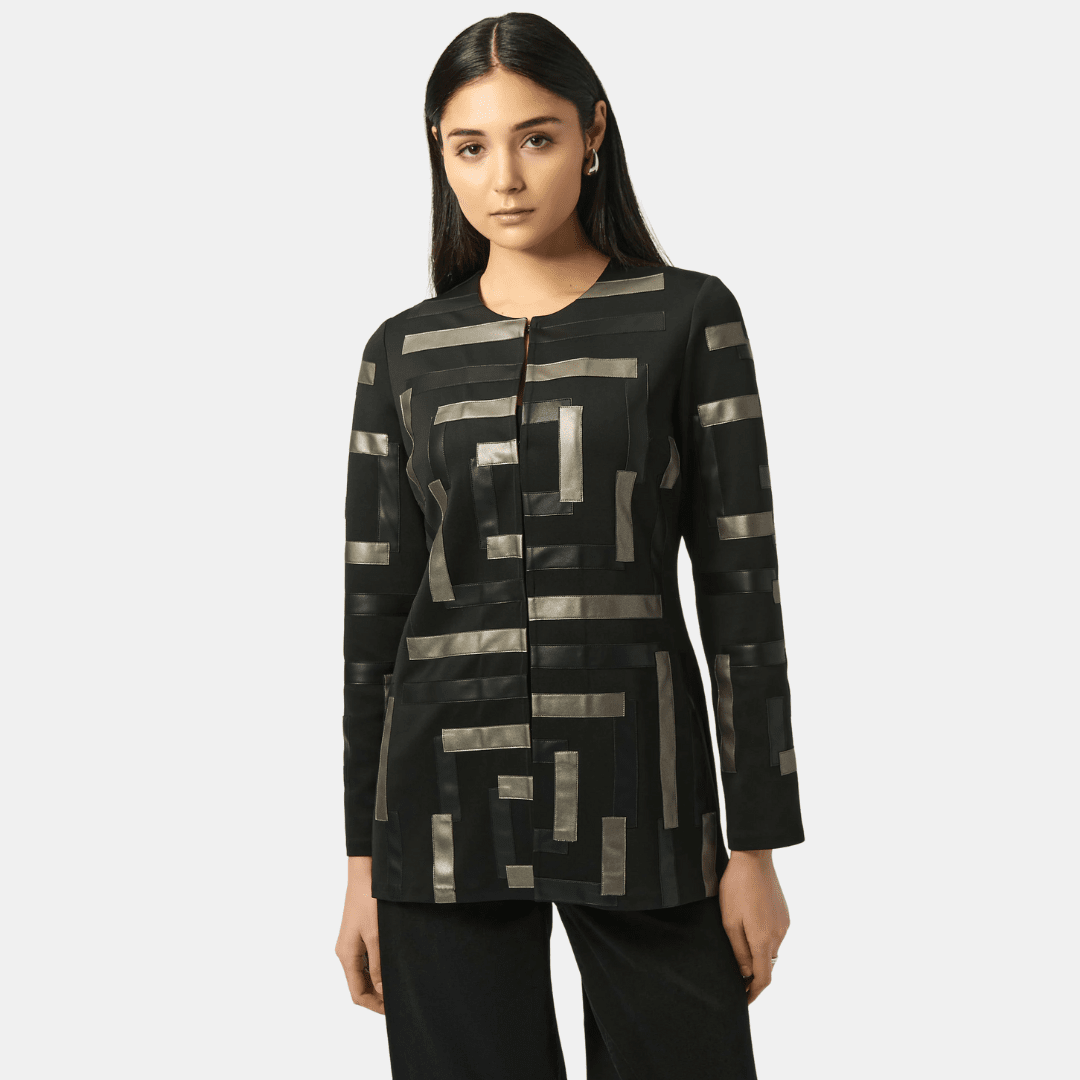 Joseph Ribkoff- Scuba & Leatherette Collarless Jacket