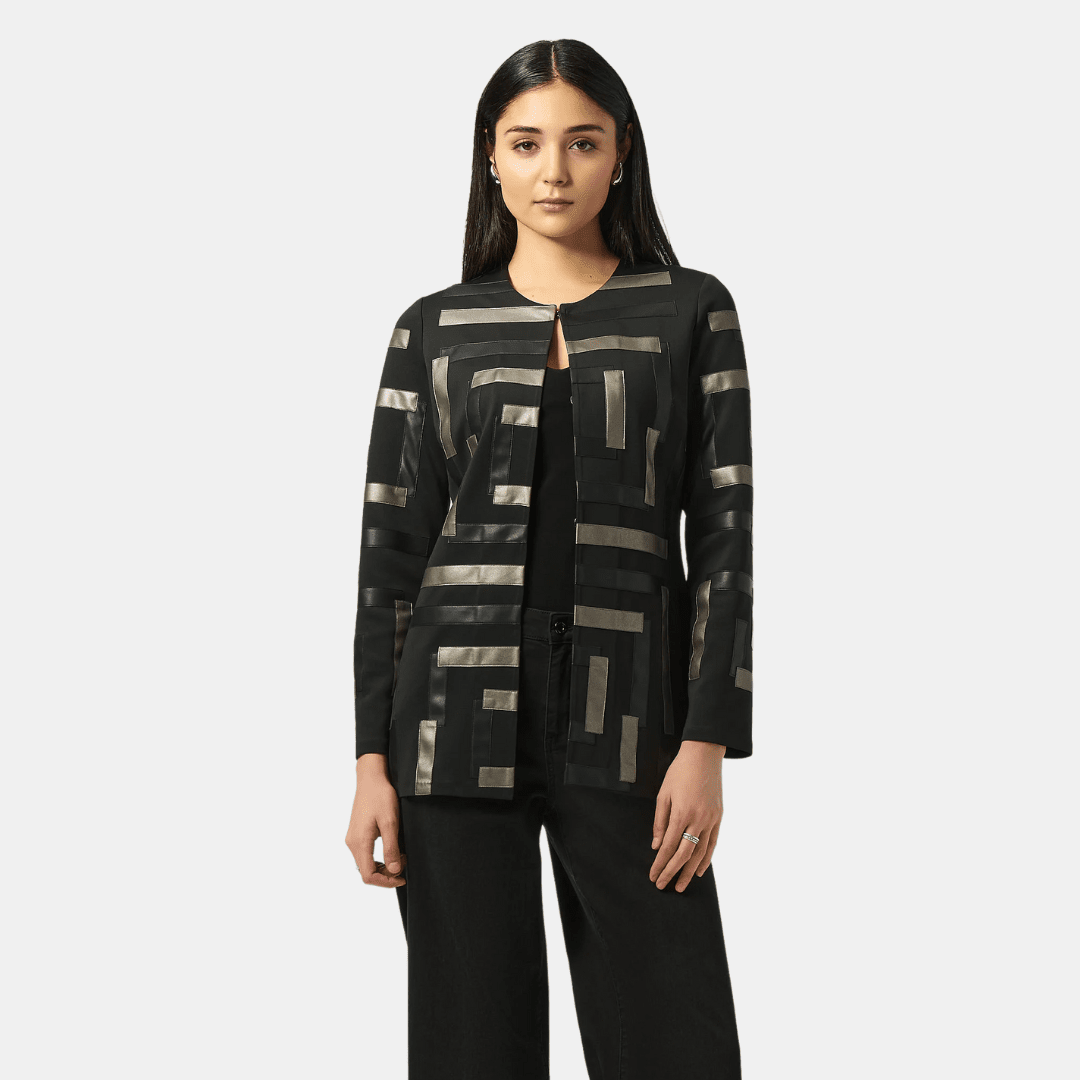 Joseph Ribkoff- Scuba & Leatherette Collarless Jacket