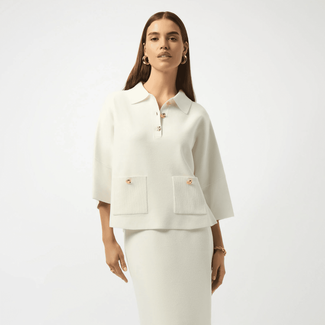 Joseph Ribkoff- Sweater Knit Boxy Pullover With Polo Collar (White)