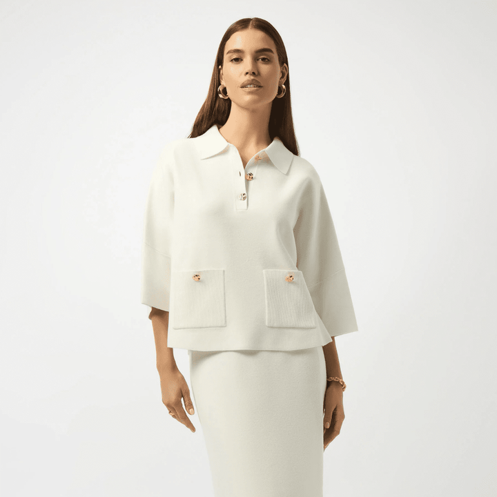 Joseph Ribkoff- Sweater Knit Boxy Pullover With Polo Collar (White)