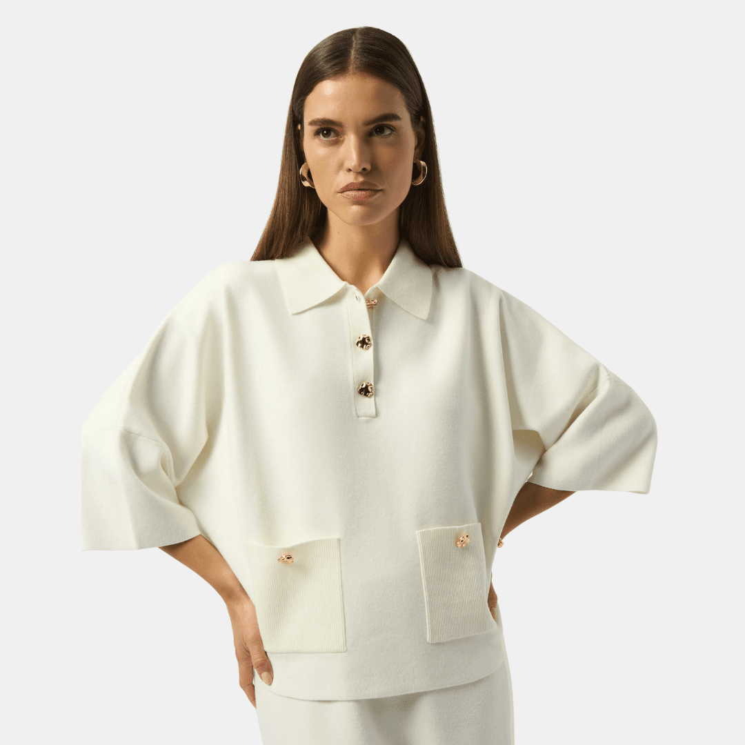 Joseph Ribkoff- Sweater Knit Boxy Pullover With Polo Collar (White)