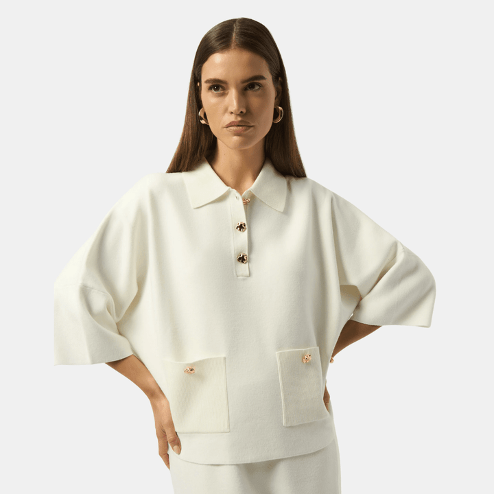 Joseph Ribkoff- Sweater Knit Boxy Pullover With Polo Collar (White)