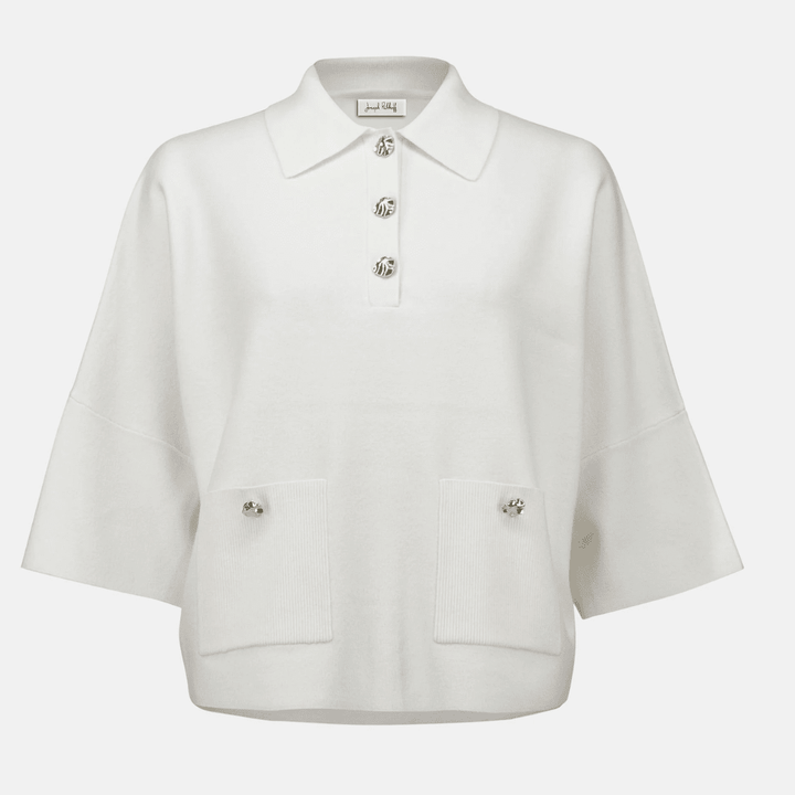 Joseph Ribkoff- Sweater Knit Boxy Pullover With Polo Collar (White)