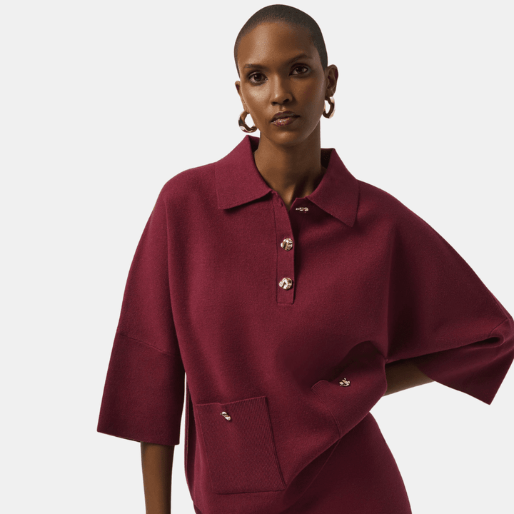 Joseph Ribkoff- Sweater Knit Boxy Pullover With Polo Collar (Merlot)
