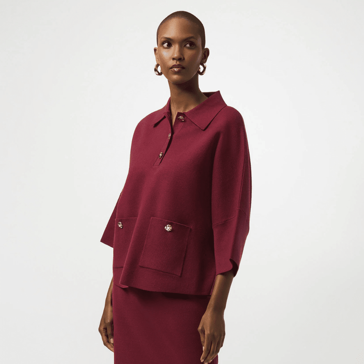 Joseph Ribkoff- Sweater Knit Boxy Pullover With Polo Collar (Merlot)