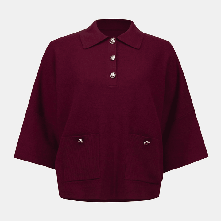 Joseph Ribkoff- Sweater Knit Boxy Pullover With Polo Collar (Merlot)