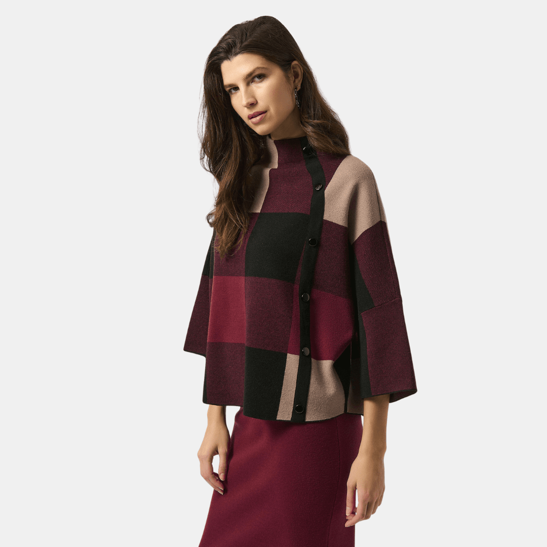 Joseph Ribkoff- Plaid Jacquard Sweater Knit Top (Merlot)