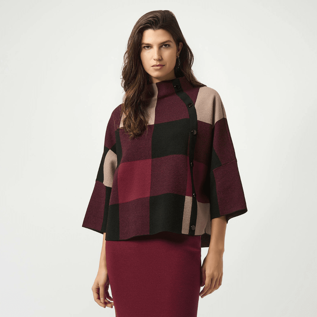 Joseph Ribkoff- Plaid Jacquard Sweater Knit Top (Merlot)