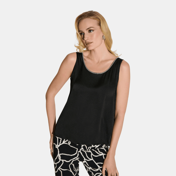 Joseph Ribkoff- Recycled Satin Top with Rhinestone Trim (Black)