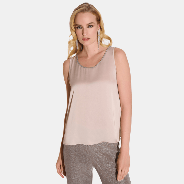 Joseph Ribkoff- Recycled Satin Top with Rhinestone Trim (Sand)