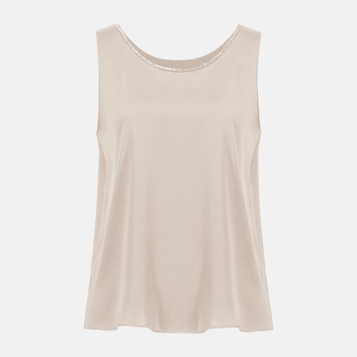 Joseph Ribkoff- Recycled Satin Top with Rhinestone Trim (Sand)