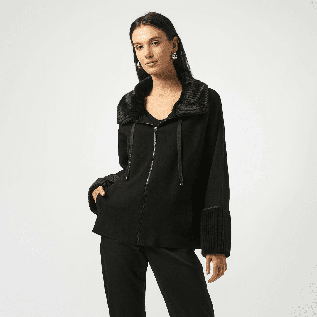 Joseph Ribkoff- Sweater Knit Coat With Fur Trim (Black)