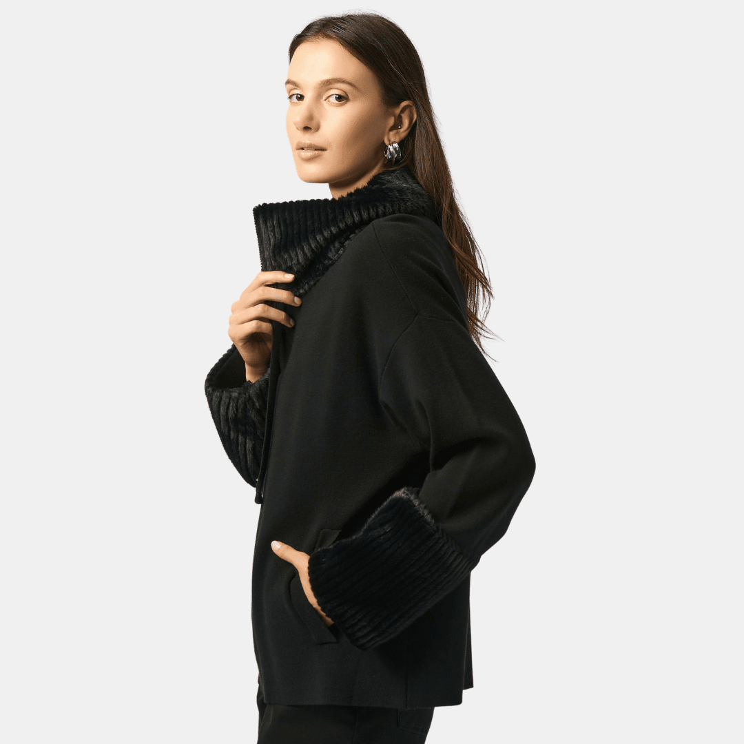 Joseph Ribkoff- Sweater Knit Coat With Fur Trim (Black)