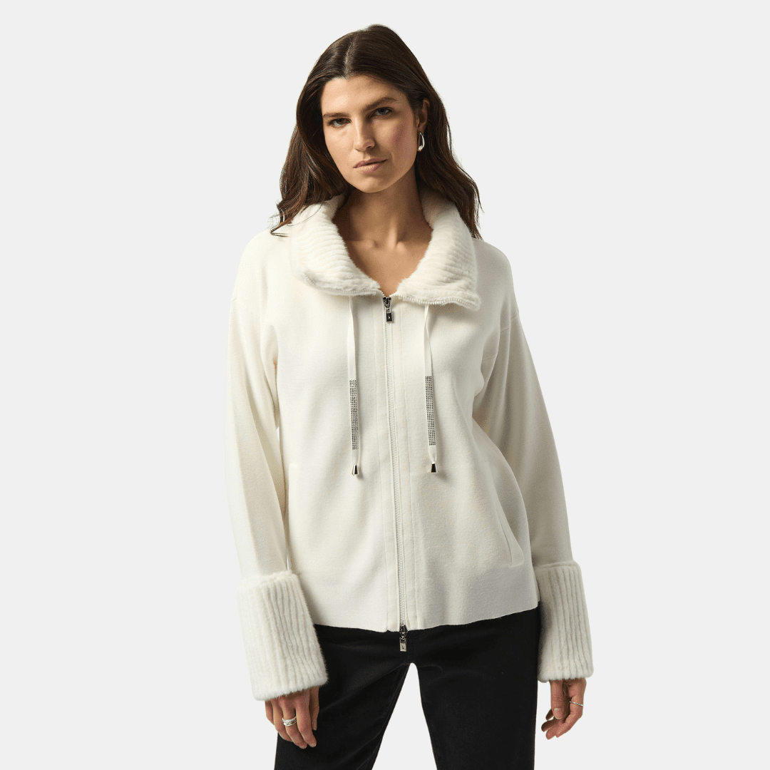 Joseph Ribkoff- Sweater Knit Coat With Fur Trim (White)