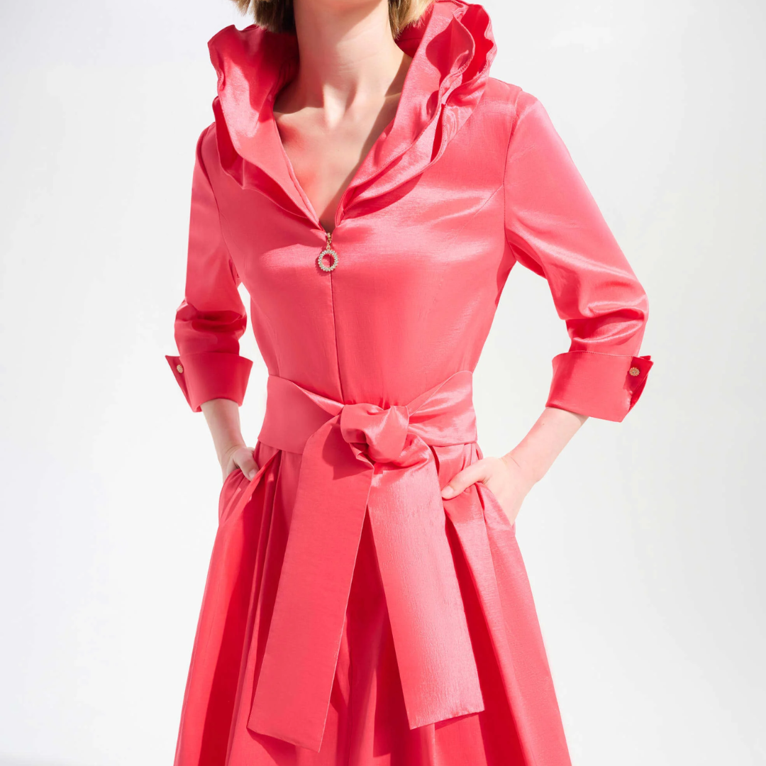 Joseph Ribkoff- Stretch Taffeta Fit And Flare Dress With Lapel Collar