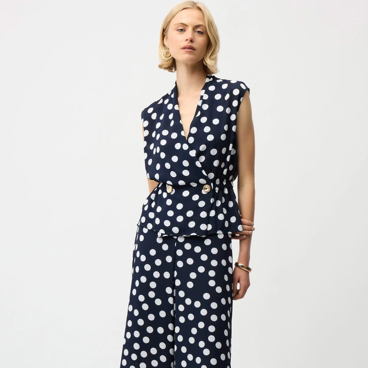 Joseph Ribkoff- Georgette Dot Print Wrap Peplum Top With Gold Buttons