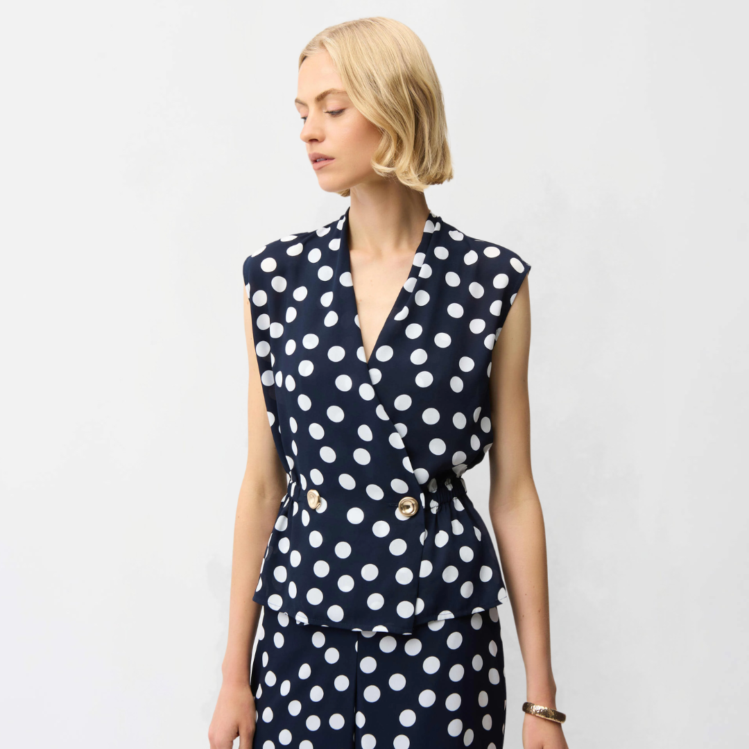 Joseph Ribkoff- Georgette Dot Print Wrap Peplum Top With Gold Buttons