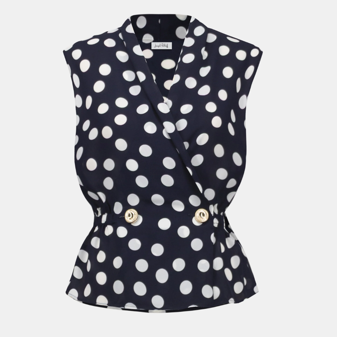 Joseph Ribkoff- Georgette Dot Print Wrap Peplum Top With Gold Buttons