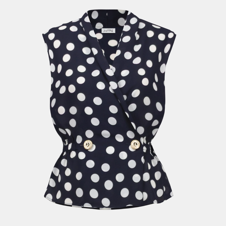 Joseph Ribkoff- Georgette Dot Print Wrap Peplum Top With Gold Buttons