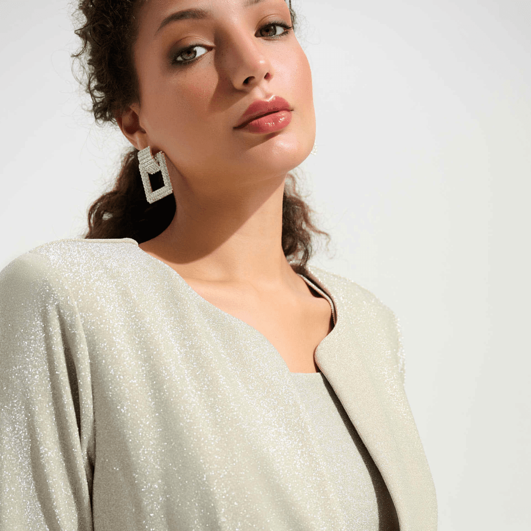 Joseph Ribkoff- Signature | Sparkle Knit Fitted Jacket And Cami Set With Rhinestones Button