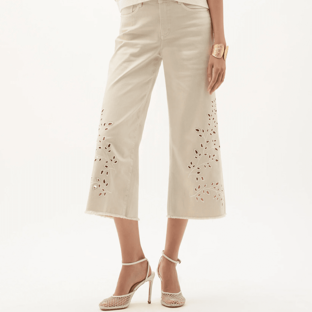 Joseph Ribkoff- Repreve® Denim Wide Leg Crop Jeans With Embroidery