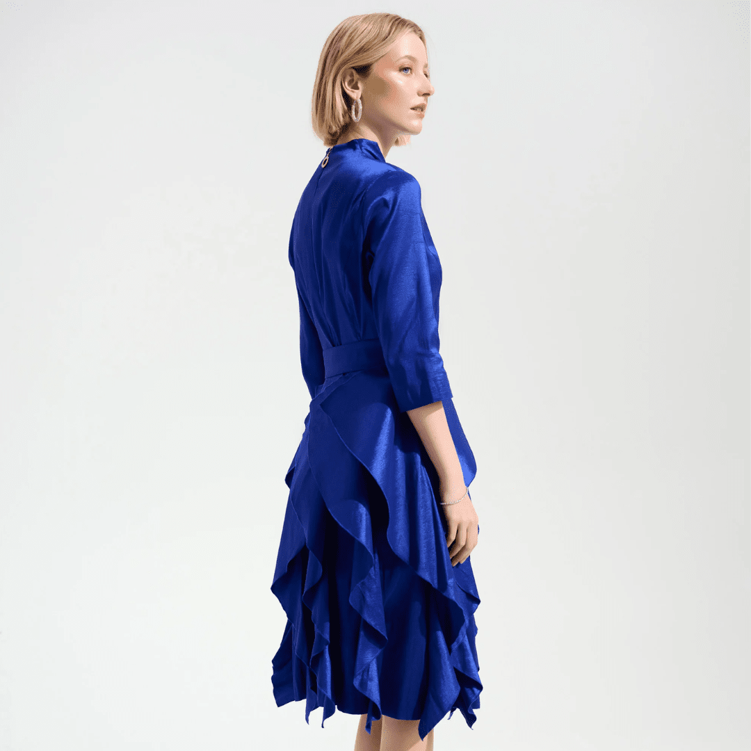 Joseph Ribkoff- Stretch Taffeta Fit And Flare Dress With Cascading Ruffle Skirt