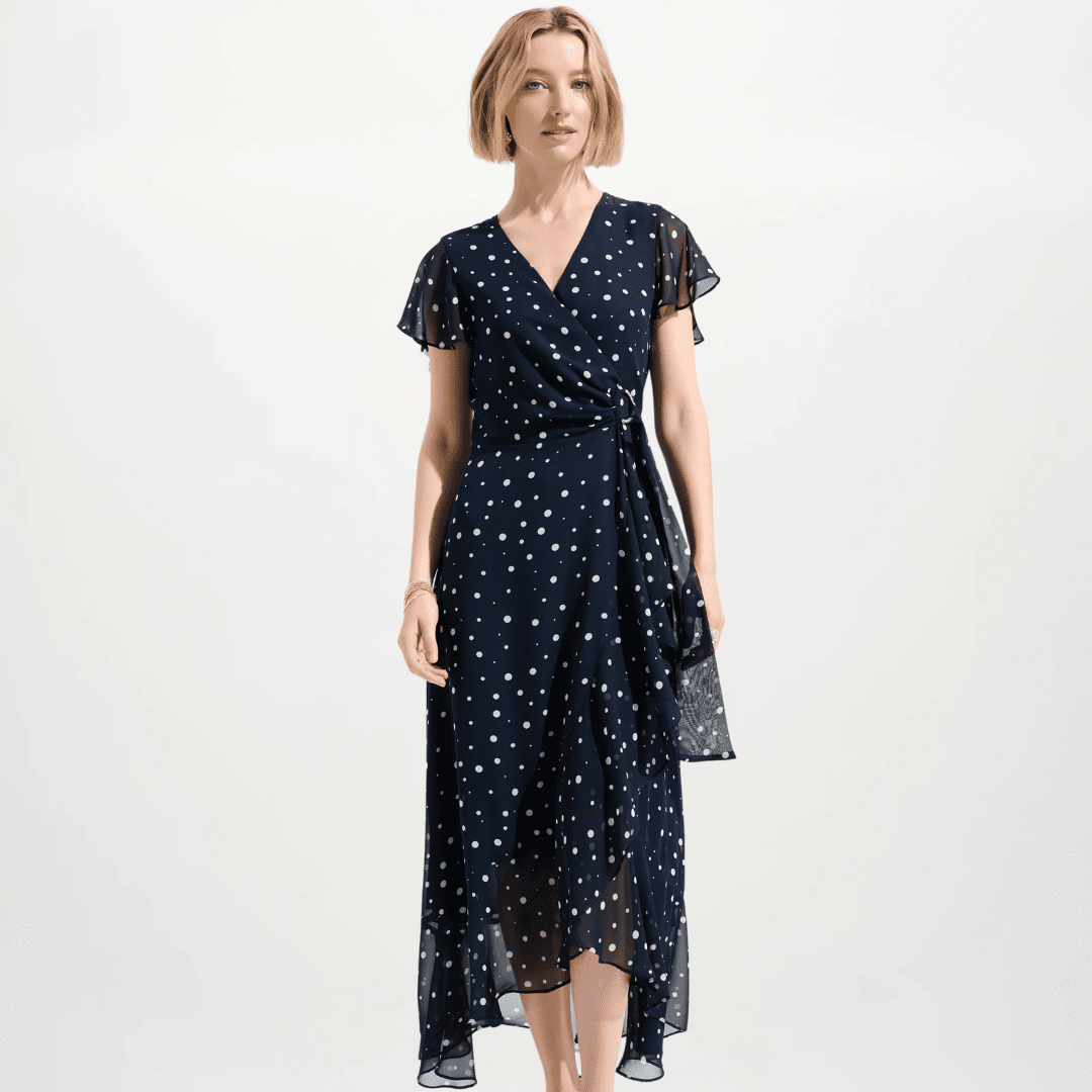 Joseph Ribkoff- Signature | Chiffon Print Wrap Dress With Ruffle Detail