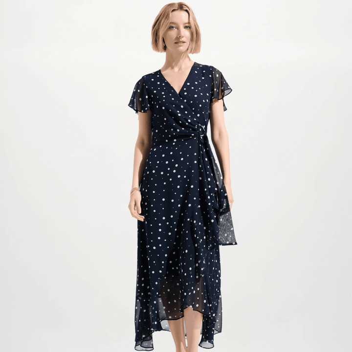 Joseph Ribkoff- Signature | Chiffon Print Wrap Dress With Ruffle Detail