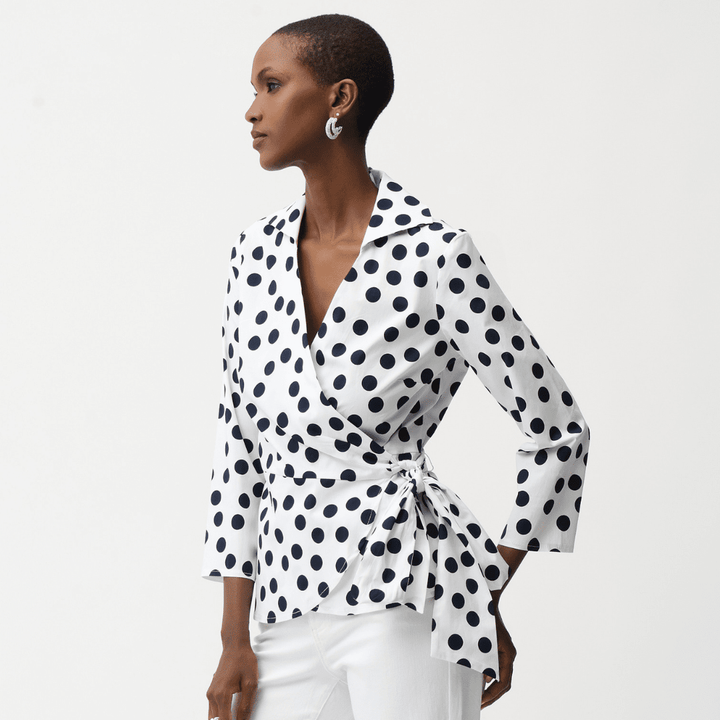 Joseph Ribkoff-Stretch Cotton Dot Print Wrap Top With Sash