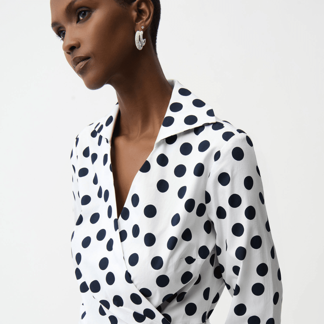 Joseph Ribkoff-Stretch Cotton Dot Print Wrap Top With Sash