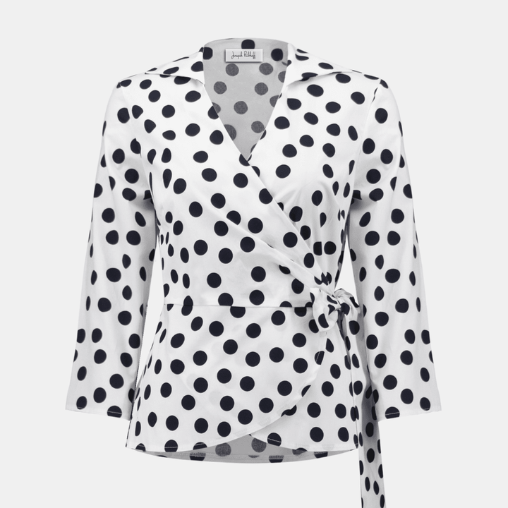 Joseph Ribkoff-Stretch Cotton Dot Print Wrap Top With Sash